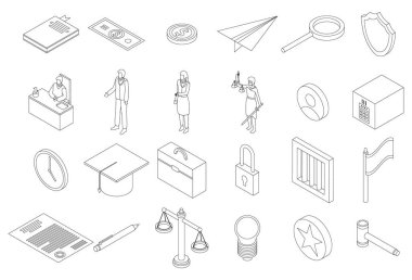 Adalet simgeleri ayarlandı. İznik adalet vektörü simgeleri dizisi ince lne beyaz üzerinde izole