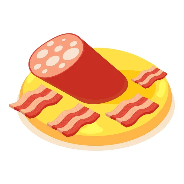 Köttpizza Ikon Isometrisk Vektor Pizza Med Korv Och Bacon Trätallrik — Stock vektor