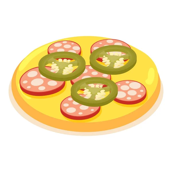 Εικονίδιο Πίτσα Pepperoni Ισομετρική Διάνυσμα Φρέσκια Πίτσα Λουκάνικο Ξύλινο Πιάτο — Διανυσματικό Αρχείο