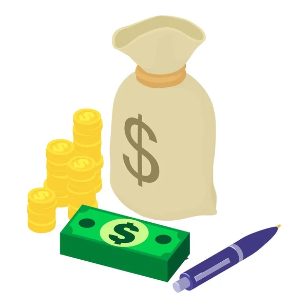 Savings Concept Icon Isometrischer Vektor Bargeld Geldbeutel Und Kugelschreiber Bilanzierung — Stockvektor