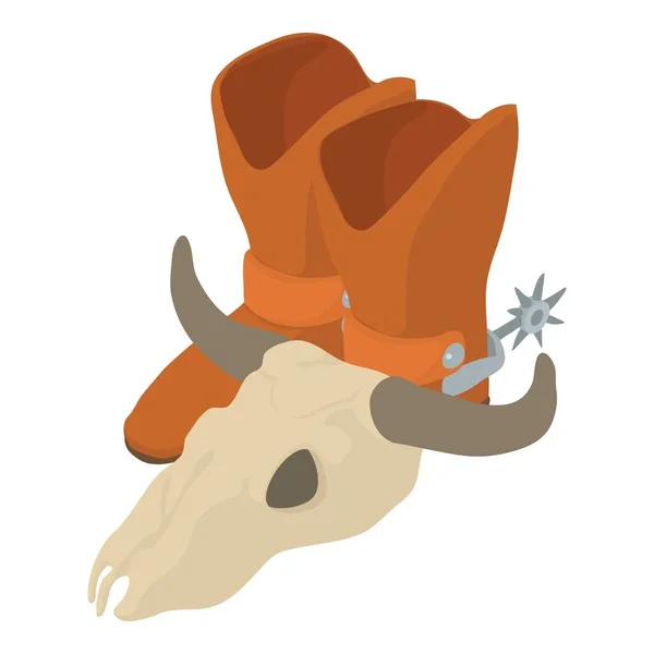 カウボーイのコンセプトアイコン等角ベクトル 革のカウボーイブーツと水牛の頭蓋骨のアイコン 西部の野生のシンボル — ストックベクタ