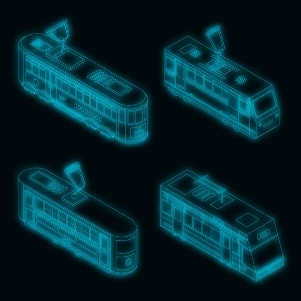Zestaw Ikon Tramwajowych Isometryczny Zestaw Ikon Wektora Tramwajowego Neonowego Koloru — Wektor stockowy