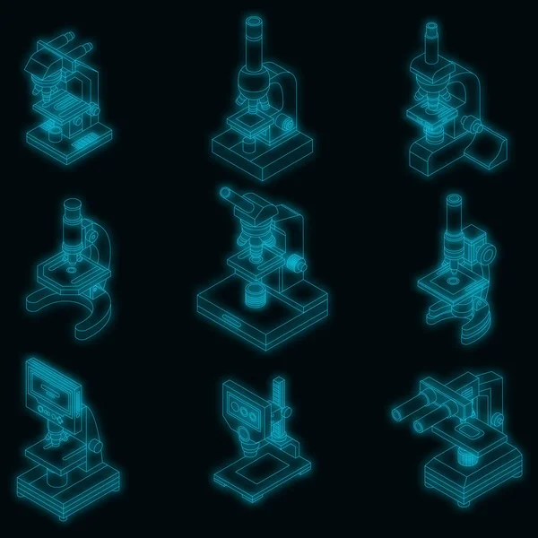 Mikroszkóp Ikon Készlet Izometrikus Készlet Mikroszkóp Vektor Ikonok Neon Szín — Stock Vector