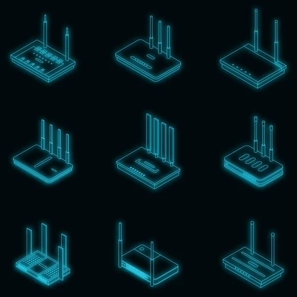 Router Ikonok Beállítva Izometrikus Készlet Router Vektor Ikonok Neon Szín — Stock Vector