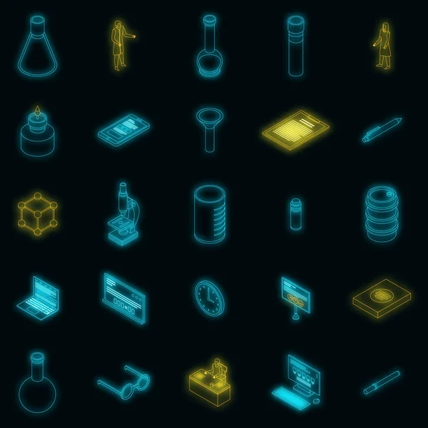 化学实验室实验图标设定 化学实验室实验矢量的等距集图标在黑色上的霓虹灯色 — 图库矢量图片