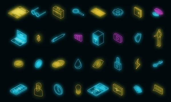 아이콘 Isometric Set Biometric Authentication Vector Icon Neon Color Black — 스톡 벡터