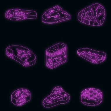 Biftek ikonları hazır. Biftek vektör simgeleri siyah üzerine neon rengi