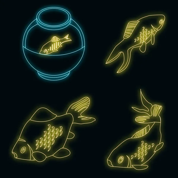 Goldfischsymbole Gesetzt Isometrisches Set Von Goldfischvektorsymbolen Neonfarben Auf Schwarz — Stockvektor