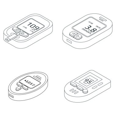 Glikoz metre simgeleri ayarlandı. Isometric set glikoz metre vektör simgeleri ana hatları ince lne beyaz üzerinde izole