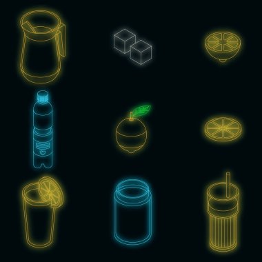 Limonata simgeleri ayarlandı. Isometric set limonata vektör simgeleri siyah üzerine neon renk