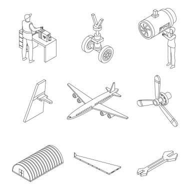 Uçak tamir ikonları ayarlandı. Isometric set uçak onarım ikonları ana hatları ince lne beyaz izole