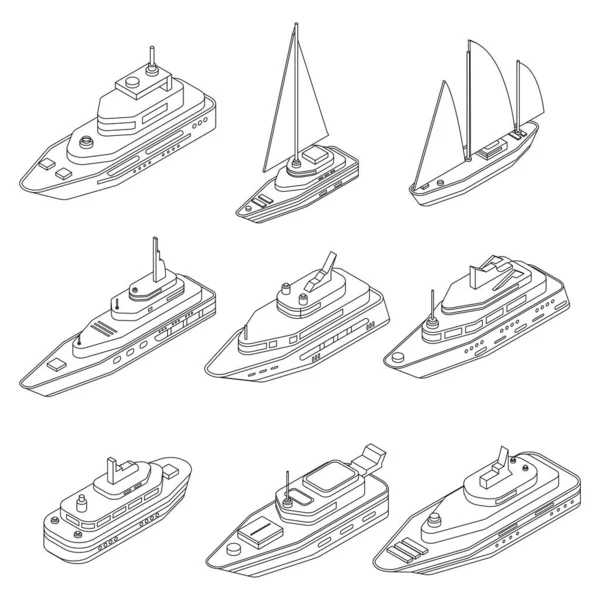 Встановлено Піктограми Яхт Ізометричний Набір Іконок Яхти Векторні Іконки Окреслюють — стоковий вектор