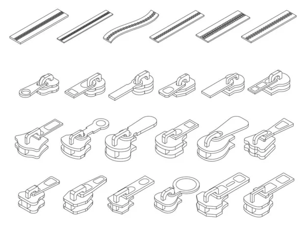Ikon Ritsleting Siap Isometric Set Dari Zipper Vektor Ikon Outline - Stok Vektor