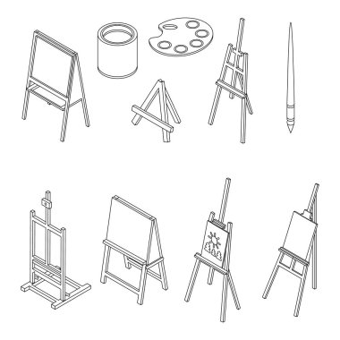 Easel simgeleri ayarlandı. Isometric set of easel vektör simgeleri ana hatları ince lne beyaz üzerinde izole