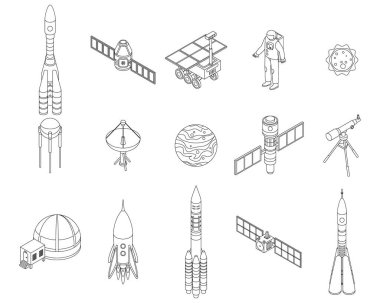 Uzay araştırma teknolojisi simgeleri ayarlandı. Isometric set uzay araştırma teknolojisi vektör simgeleri ince lne izole beyaz ana hatları