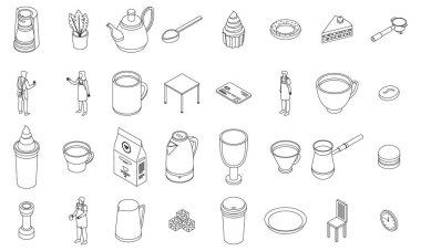 Barista ikonları hazır. Isometric set barista vektör simgeleri ana hatları ince lne beyaz izole