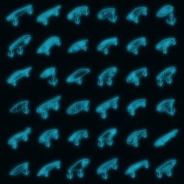 Balık yemi ikonları hazır. Isometric balık yemi vektör simgeleri kümesi siyah üzerine neon renk