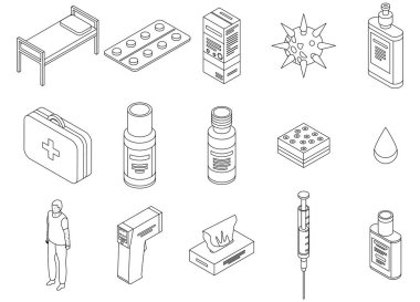 Suçiçeği ikonları hazır. Suçiçeği vektör simgelerinden oluşan Isometric kümesi ince çizgili beyaz lne izole