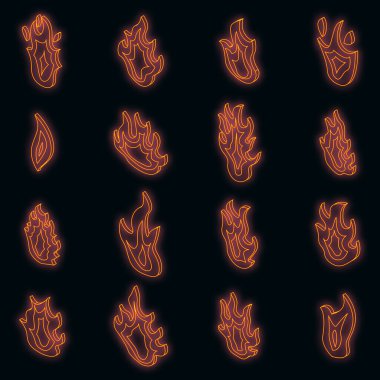 Alev simgeleri ayarlandı. Isometric set ateş alev vektör simgeleri siyah üzerine neon renk