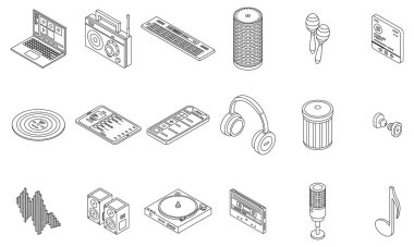 Parça listesi simgeleri ayarlandı. İnce lne beyaz üzerinde izole edilmiş Isometric set of playlist vektör simgeleri ana hatları