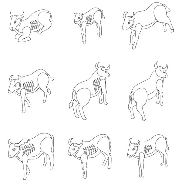 Icone Wildebeest Impostate Set Isometrico Icone Vettoriali Gnu Contorno Sottile — Vettoriale Stock