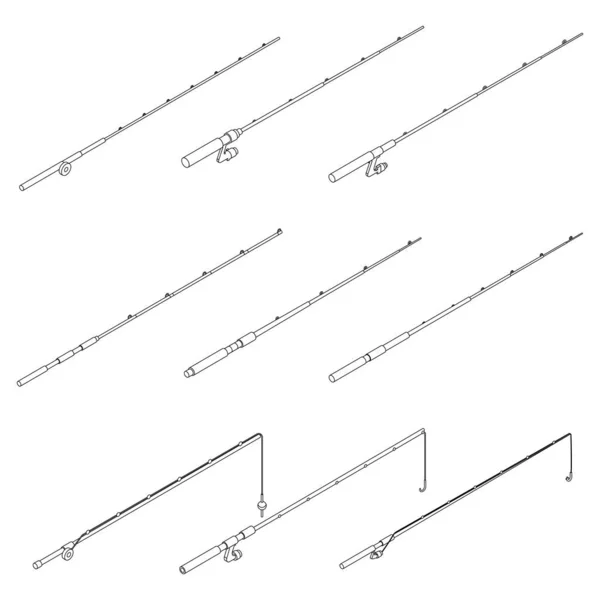 钓竿图标设置 Isometric Set Fishing Rod Vector Icons Outline Thin Lne — 图库矢量图片