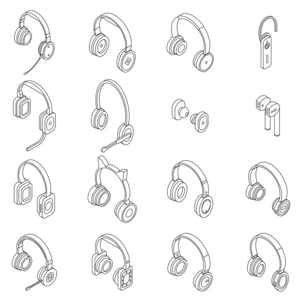 Headset Icons Set Isometric Set Headset Vector Icons Outline Thin — Stock Vector