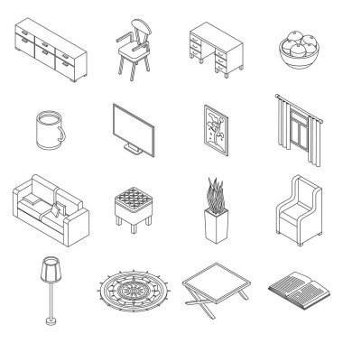 Konforlu ev simgeleri ayarlandı. Samimi ev vektör simgelerinden oluşan Isometric seti ince lne çizgisi beyaz üzerinde izole