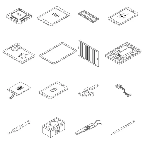 Ensemble Icônes Réparation Tablette Ensemble Isométrique Icônes Vectorielles Réparation Comprimés — Image vectorielle