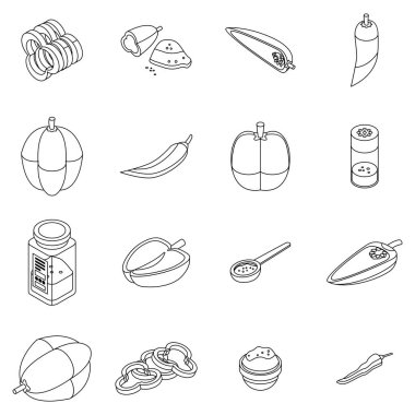 Paprica simgeleri hazır. Isometric set of paprica vektör simgeleri ana hatları ince lne beyaz üzerinde izole
