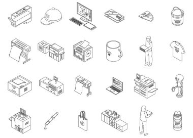 Dijital yazdırma simgeleri ayarlandı. Isometric set dijital yazdırma vektör simgeleri ana hatları ince lne beyaz üzerinde izole
