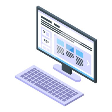 Pc içerik planı izometrik vektörü. İş medyası. Sosyal strateji