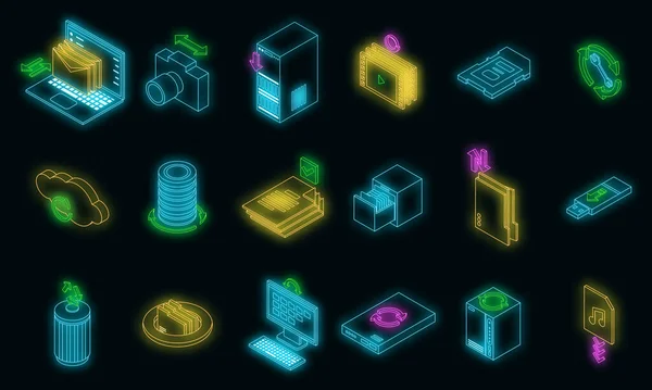 Backups Icons Set Isometric Set Backups Vector Icons Neon Color — Stock Vector