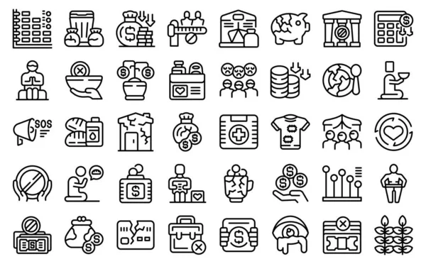 Poverty Icons Set Outline Vector Volunteer Charity Donate Help — Stock Vector