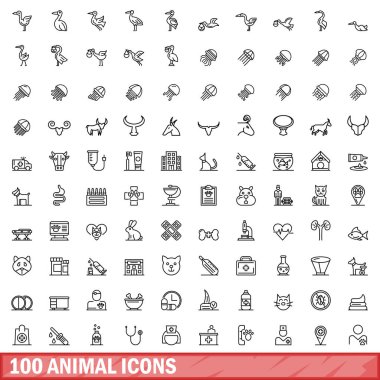 100 hayvan ikonu hazır. Beyaz arkaplanda izole edilmiş 100 hayvan simgesi vektörünün taslağı