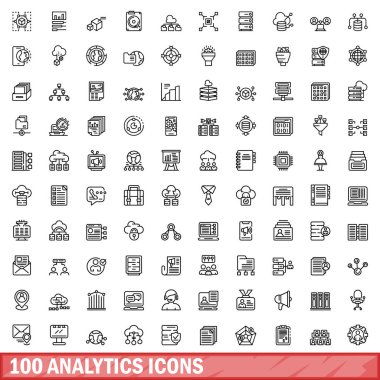 100 analitik simge ayarlandı. Beyaz arkaplanda izole edilmiş 100 analitik simge vektörünün taslağı
