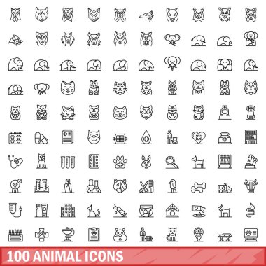 100 hayvan ikonu hazır. Beyaz arkaplanda izole edilmiş 100 hayvan simgesi vektörünün taslağı
