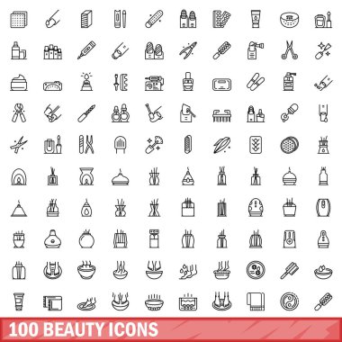 100 güzellik simgesi belirlendi. Beyaz arkaplanda izole edilmiş 100 güzellik simgesi vektörünün taslağı