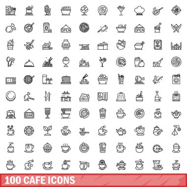 100 kafe ikonu ayarlandı. Beyaz arkaplanda izole edilmiş 100 cafe simgesi vektörünün taslak çizimi