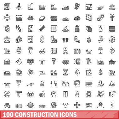 100 inşaat ikonu ayarlandı. Beyaz arkaplanda izole edilmiş 100 yapı ikonu vektörünün taslağı