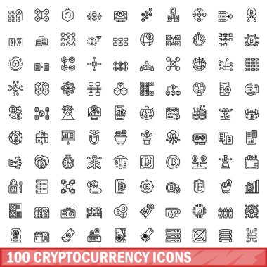 100 kripto para birimi simgesi ayarlandı. Beyaz arkaplanda izole edilmiş 100 kripto para birimi ikonu vektörünün taslağı