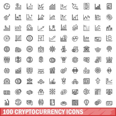 100 kripto para birimi simgesi ayarlandı. Beyaz arkaplanda izole edilmiş 100 kripto para birimi ikonu vektörünün taslağı