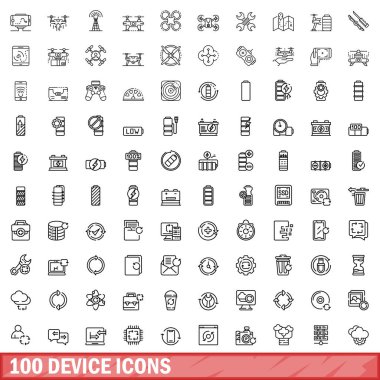 100 aygıt simgesi ayarlandı. Beyaz arkaplanda izole edilmiş 100 aygıt simgesi vektörünün taslak çizimi