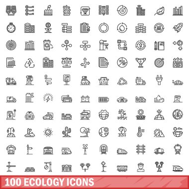 100 ekoloji ikonu ayarlandı. Beyaz arkaplanda izole edilmiş 100 ekoloji ikonu vektörünün taslağı