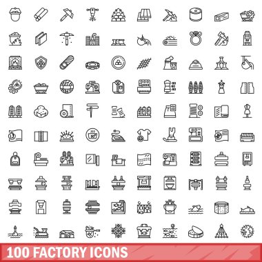 100 fabrika simgesi ayarlandı. Beyaz arkaplanda izole edilmiş 100 fabrika ikonu vektörünün taslağı