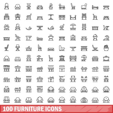100 mobilya simgesi seti. Beyaz arkaplanda izole edilmiş 100 mobilya ikonu vektörünün taslağı