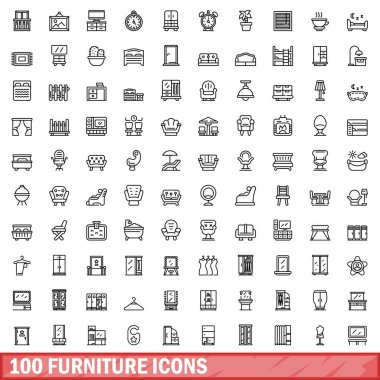 100 mobilya simgesi seti. Beyaz arkaplanda izole edilmiş 100 mobilya ikonu vektörünün taslağı