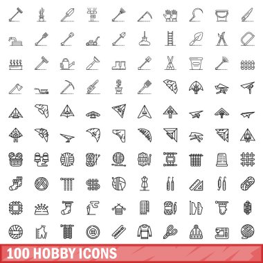 100 hobi simgesi seti. Beyaz arkaplanda izole edilmiş 100 hobi simgesi vektörünün ana hatları