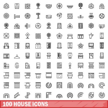 100 tane ev simgesi. Beyaz arkaplanda izole edilmiş 100 ev simgesi vektörünün taslak çizimi