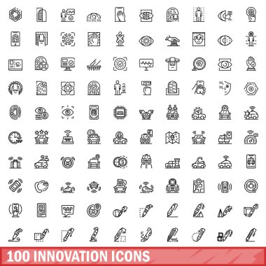 100 yenilik simgesi belirlendi. Beyaz arkaplanda izole edilmiş 100 yenilik simgesi vektörünün ana hatları